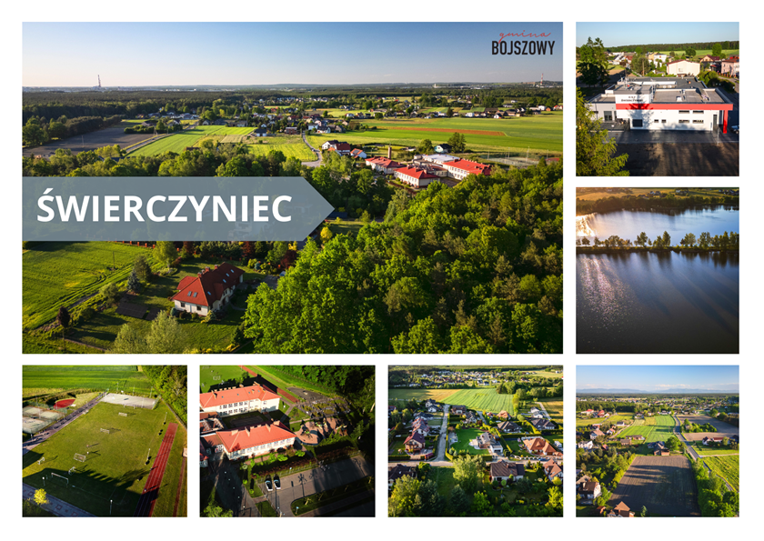 Kolaż zdjęć przedstawiający Świerczyniec: panoramę miejscowości z lotu ptaka
