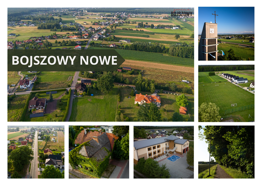 Kolaż zdjęć przedstawiający Bojszowy Nowe: widok z lotu ptaka na pola i zabudowę wsi