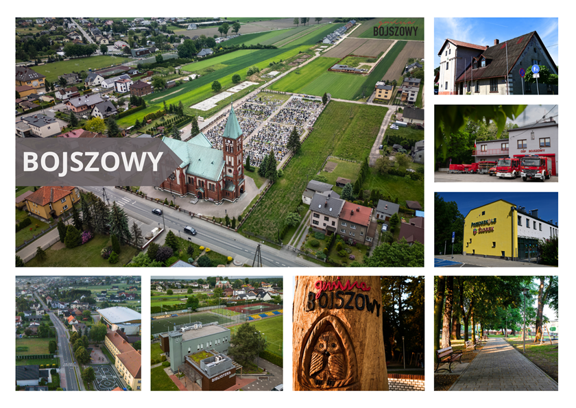 Kolaż zdjęć przedstawiający Bojszowy: widok z lotu ptaka na kościół i okoliczne pola, budynki 