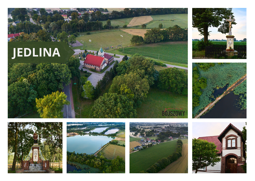 Kolaż zdjęć przedstawiający Jedlinę: widok z lotu ptaka na kościół otoczony polami i drzewami